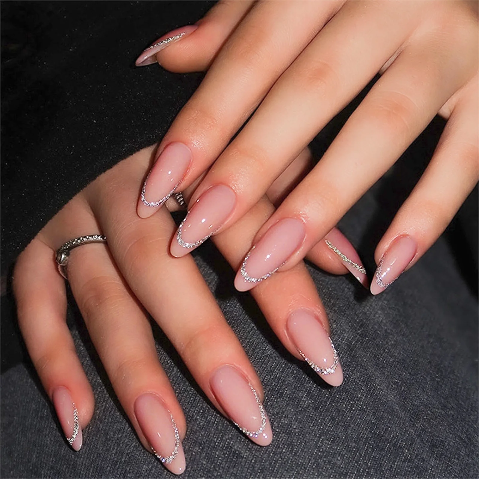 

24Pcs Nude Pink Almond Nails Press On Glossy Sequins French Fake Nails Ballerina Stick-on False Nails for Women DIY Manicure