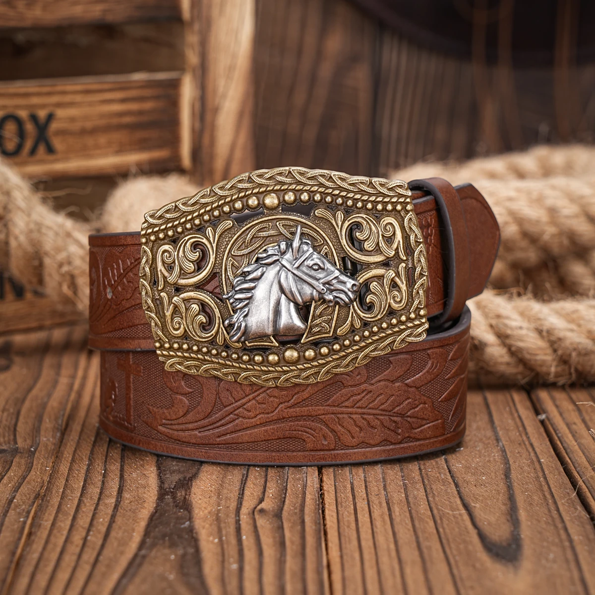 Ein lässiger, individueller und Retro-Gürtel, Kleidungsaccessoire im Western-Stil, Metallschnalle, PU-Gürtel, geeignet für Männer und Frauen. – Detail 5