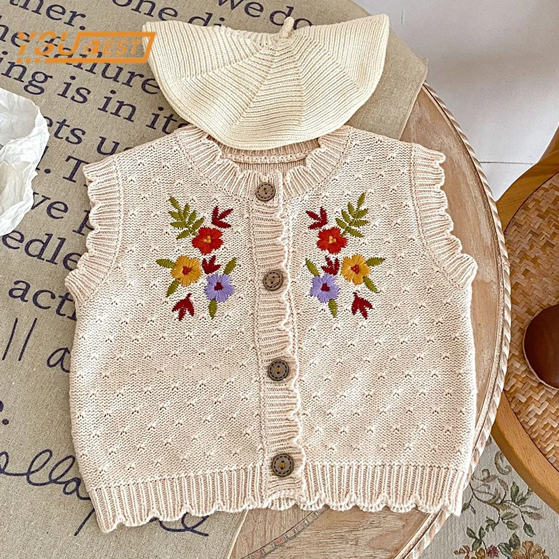 

Autumn Infant Baby Girls Sleeveless Embroider Vest Cardigan Coat Sweet Kids Baby Girls Knitted Cotton Cardigan Coat