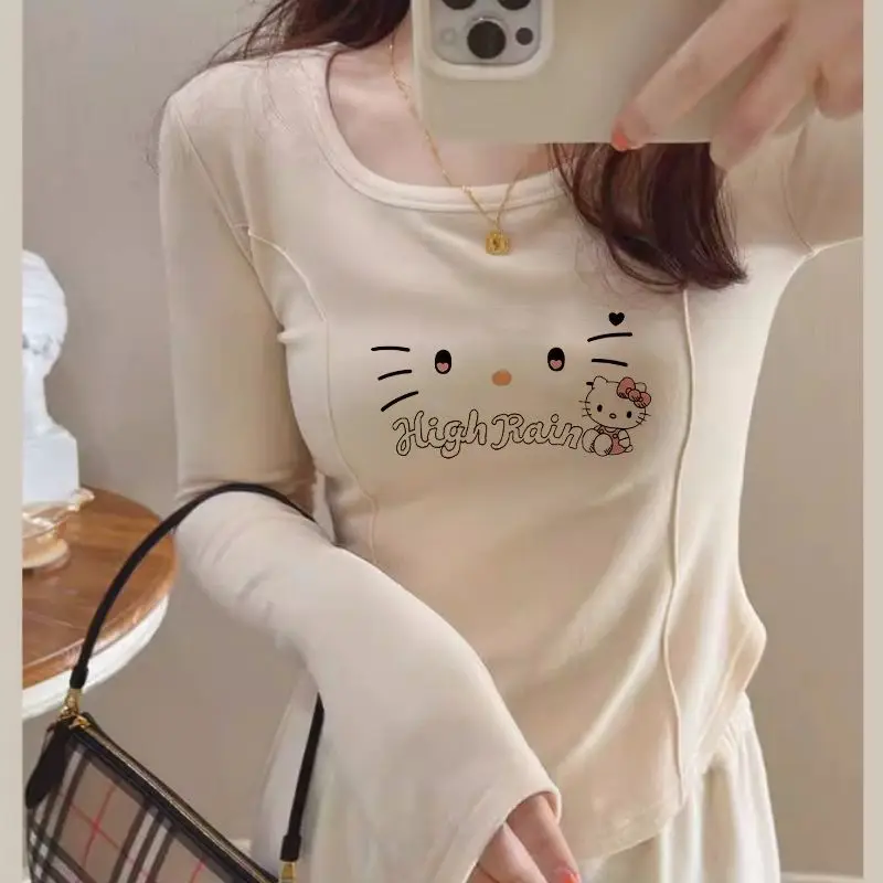 

Sanrio Hello Kitty женская футболка Kawaii зимняя женская одежда нижний слой рубашки с длинными рукавами теплые футболки топы для самосовершенствования новые