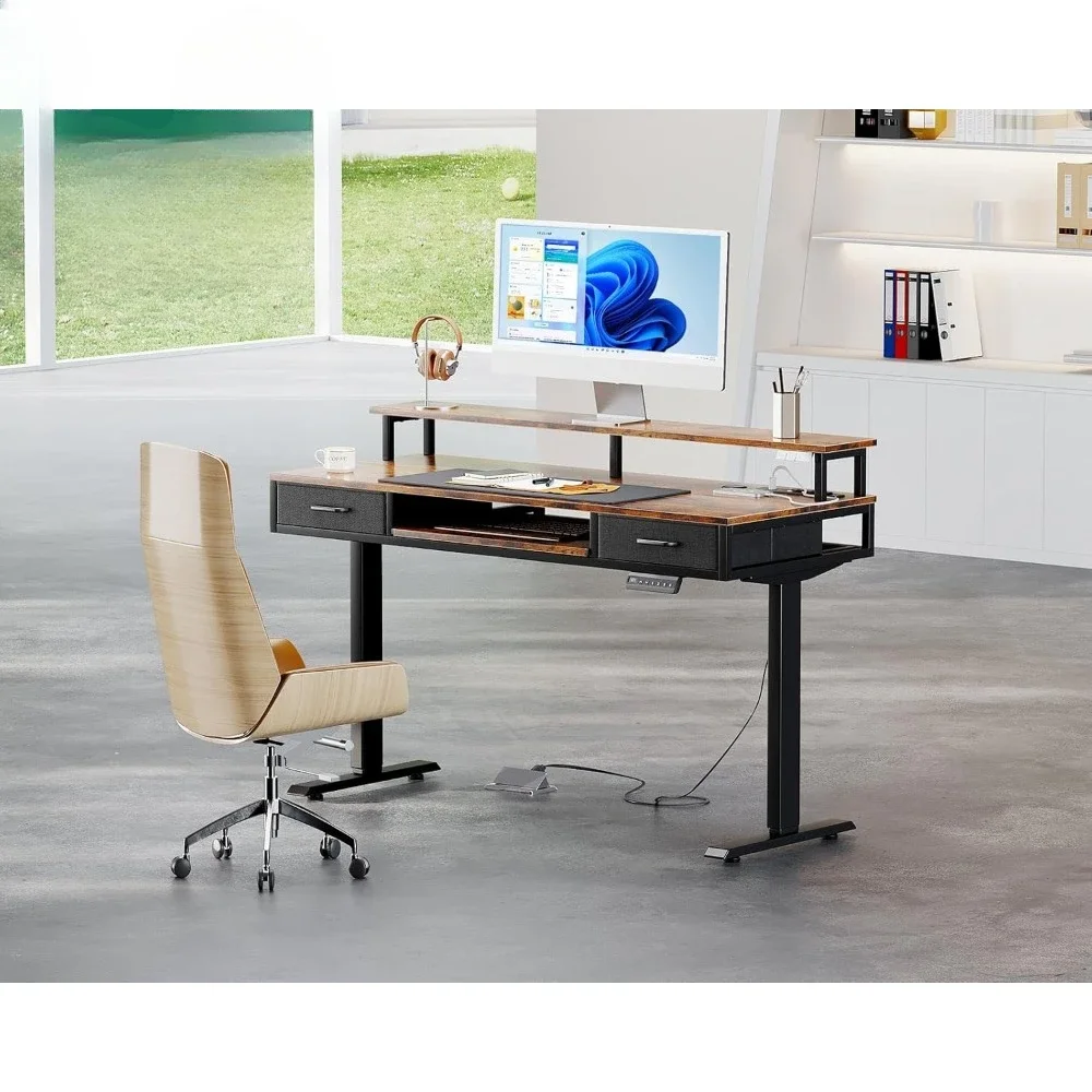 Electric Standing Desk with Drawers & Keyboard Tray, 55 Inch Height Adjustable Desk with Power Outlets & LED Lights