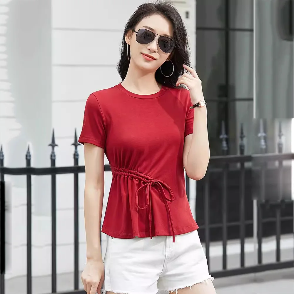 

New Women Chic Drawstring T-shirt Summer Fashion O-Neck Short Sleeve Folds Slim Tees Tops Simplicity Casual Cotton T-shirt