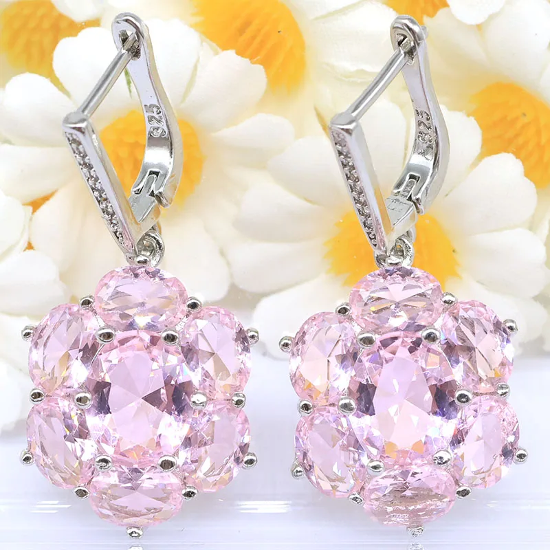 38x17mm SheCrown Created Tanzanite Pink Kunzite London Blue Topaz CZ Women Dating Silver plated Earrings