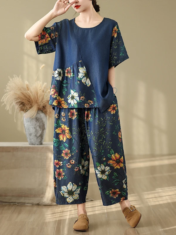 Faionable Silk Denim Print Patchwork ort Sve round Ne T-irt Elastic Waist Nine Points Harlan Pants Two-Piece Set