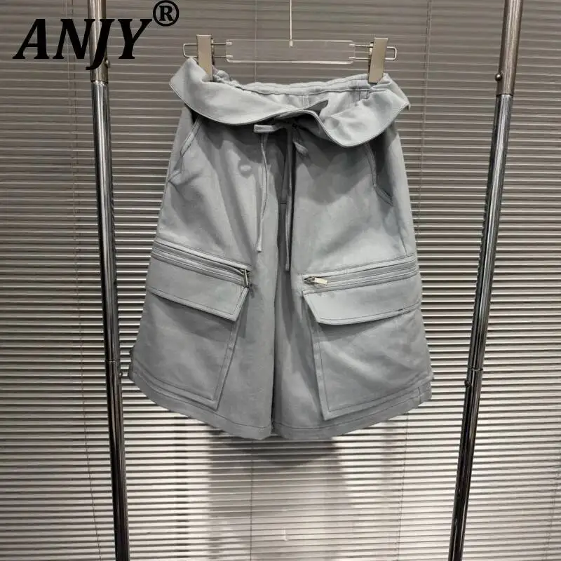 

ANJY Spring Summer New Women Lace-Up Ruffles Multi-pocket Safari Style Casual Shorts Chic Straight Wide-Leg Cropped Pants A24263