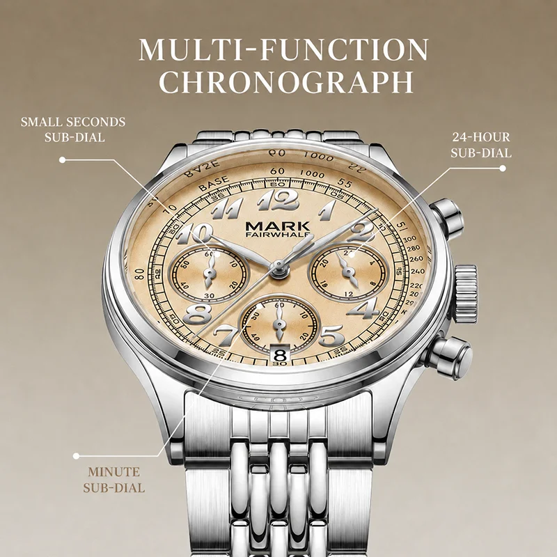 MARK FAIRWHALE Men's Quartz Watch FW-5071 Multifunction Chronograph 42MM Metal Case High-Clarity Coated Crystal Male Wristwatch