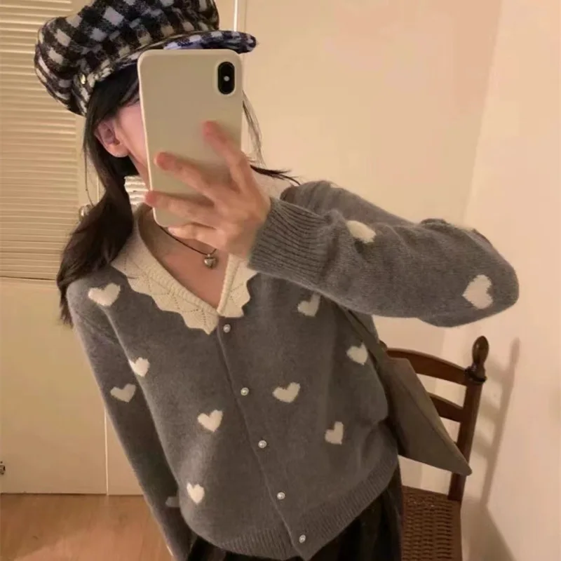 

Single Breasted Knitted Jumpers Women Spliced Sweater V Neck Cardigan Casual Loose Fit Print Sweaters Slight Strech Buttons