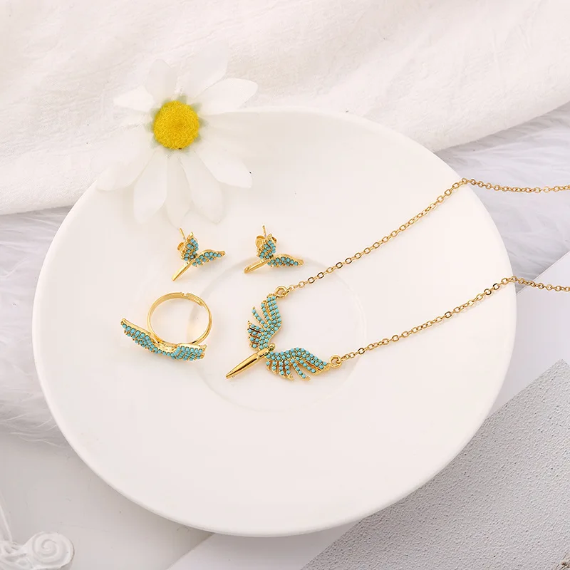 

2024 Wings Shape Pendant Stainless Steel Necklace for Women Popular Small Luxury Design Collar Chain Earring Ring Jewelry Sets