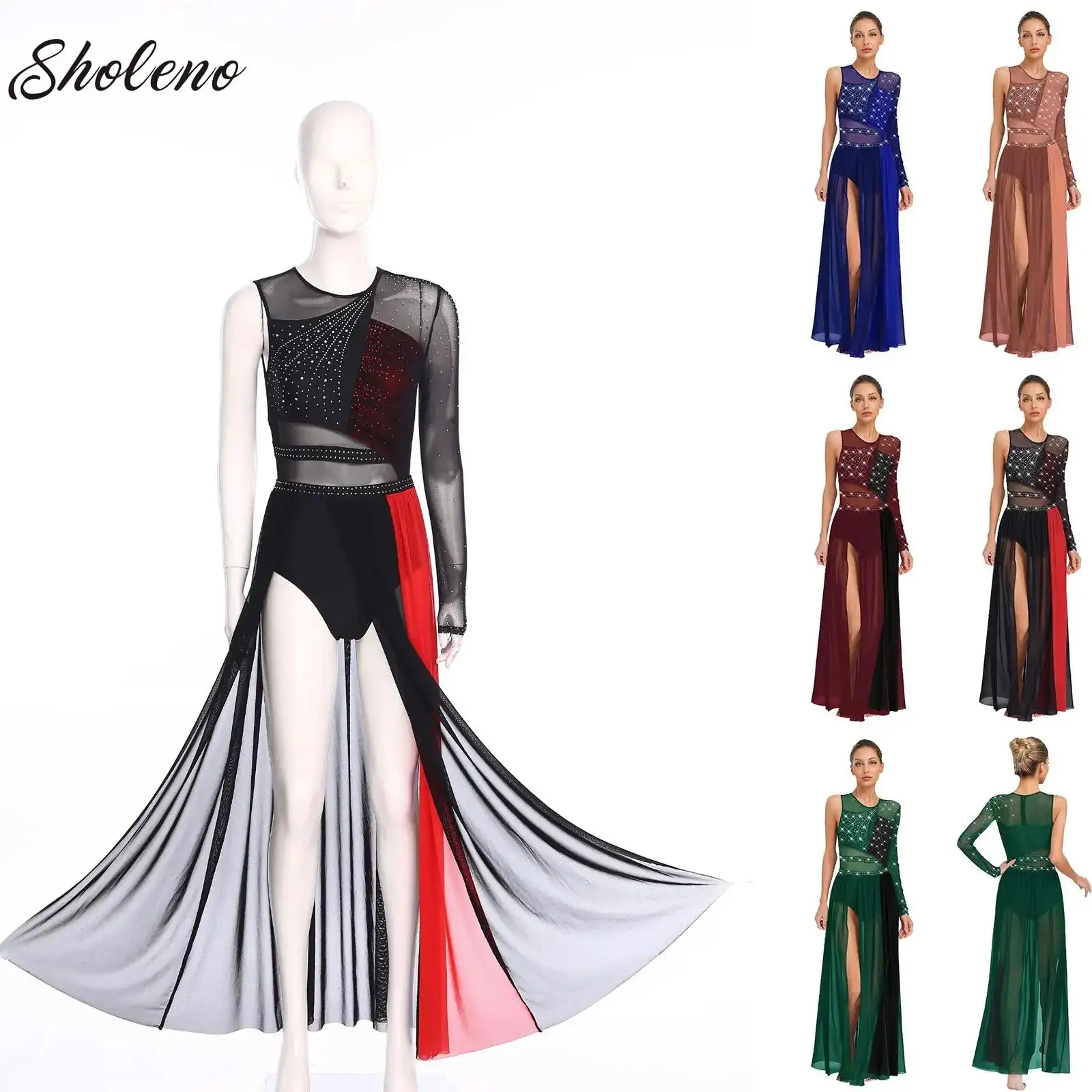 

Womens Gymnastics Ballet Lyrical Dance Long Dress Side Split Sheer Mesh Color Block Leotard Skirt Dress for Modern Contemporary