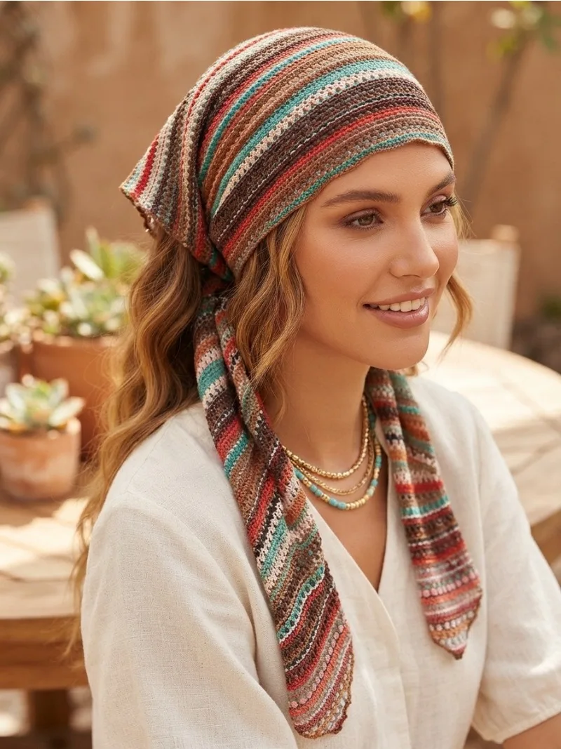 Women Striped Color Block Knit Triangle Headscarf, Hollow Out Long Tie Head Wrap, Bohemian Pleated Hair Band Accessories