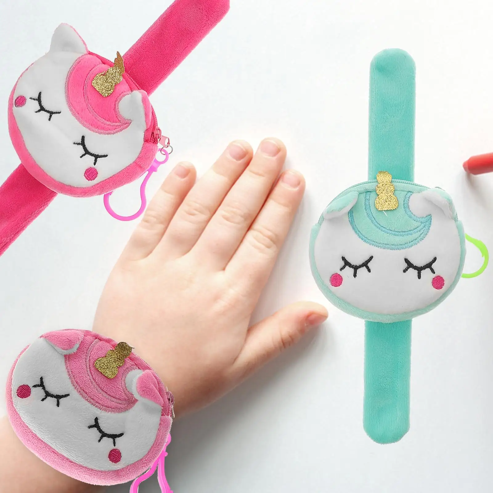 3x Unicorno Portamonete Bracciali schiaffo Animale Hugger Slap Braccialetto Portafoglio Portachiavi Unicorno Peluche Farcito Regali per feste di compleanno per bambini