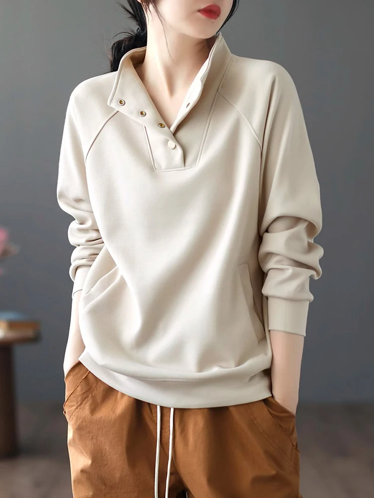 

Ele Casual Faion Color Hoodie Loose Long Sve Stand Collar Artistic Sweatirt Versatile Top for Women