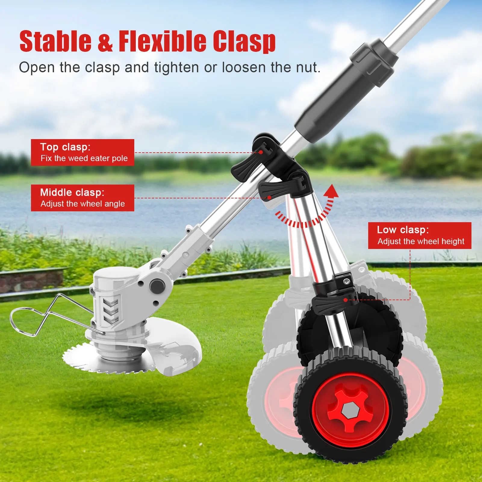 Universal Metal Wheels for String Trimmer Grass Eater Weed wacker Adjustable Height and Angle for tube 26mm(1 inch) 30mm(1.2”)