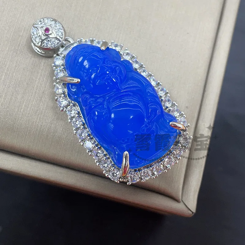 

Inlaid Chalcedony God of Wealth Blue Agate Lucky Bag-shaped Green Maitreya Buddha Drop Jade Pendant