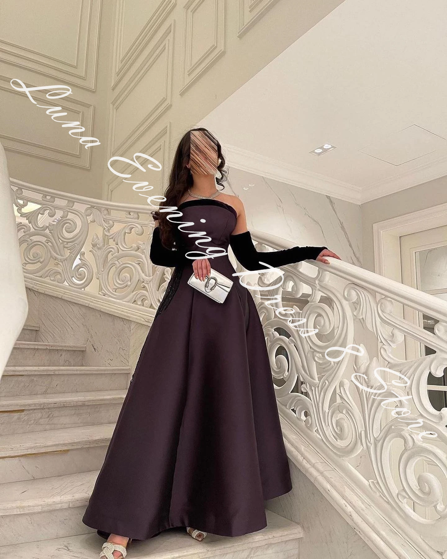 Customized Satin A-Line Detachable Sleeve Sequined Evening Dress Strapless Floor Length Panel Train Photo Color Exquisite image 3