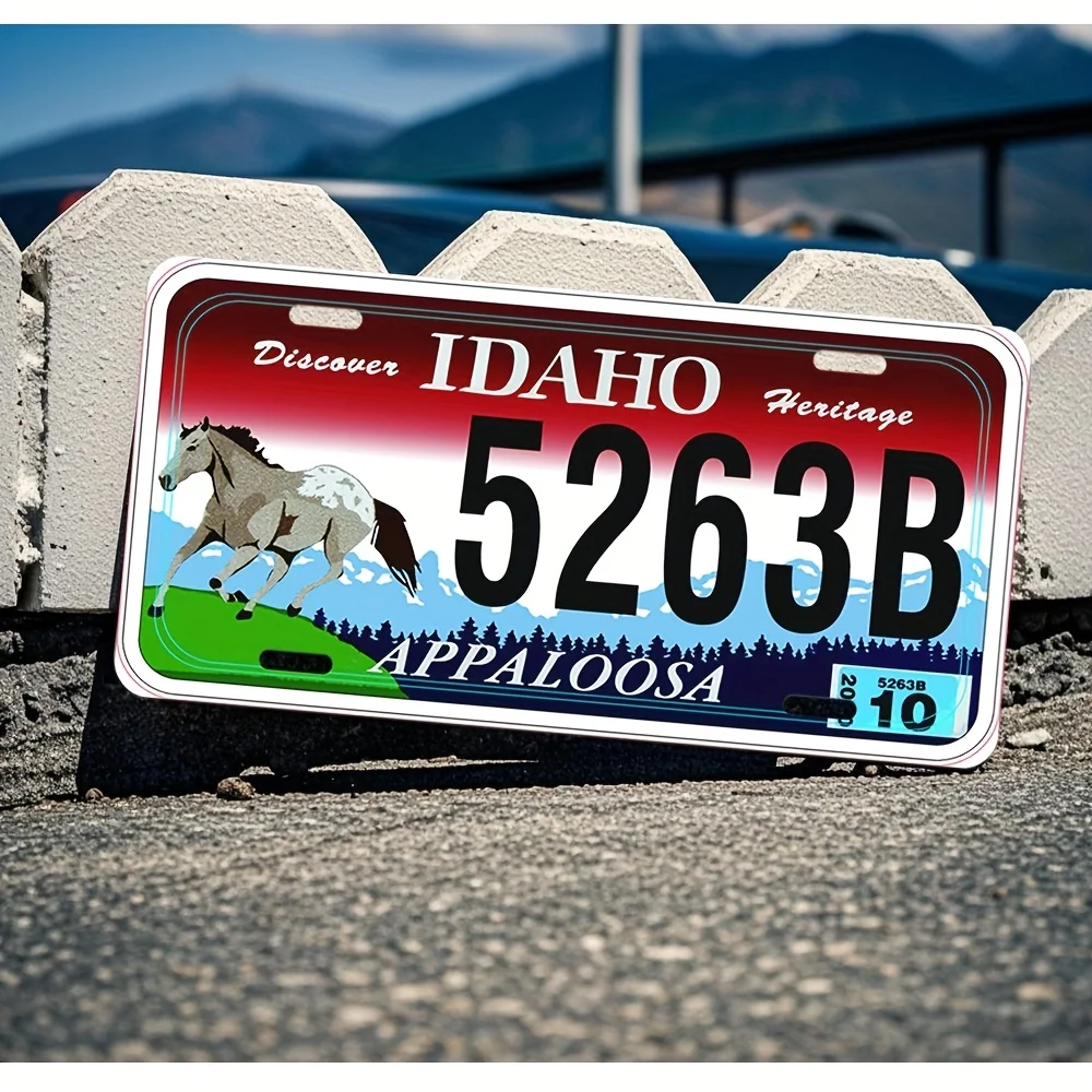 لافتة حائط لوحة ترخيص Idaho Heritage - فن معدني من الألومنيوم بتصميم حصان وجبل، ديكور جراج ذو طابع غربي، متين