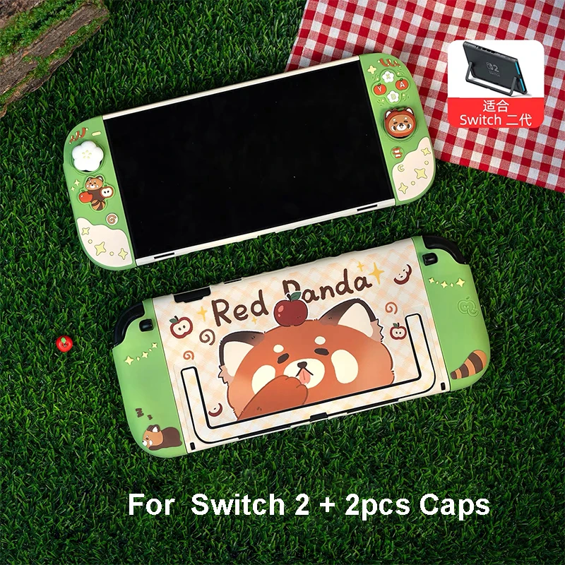 Kawaii siliconen beschermhoes en JoyCon Cover voor Nintendo Switch 2/OLED met 1 paar aangepaste duimgrepen schattige rode panda