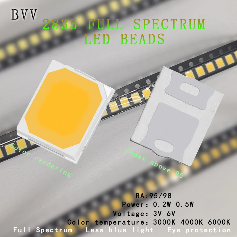 

100PCS 2835 full spectrum LED beads, plant lighting, low blue light, educational lighting, high color rendering index above 95.