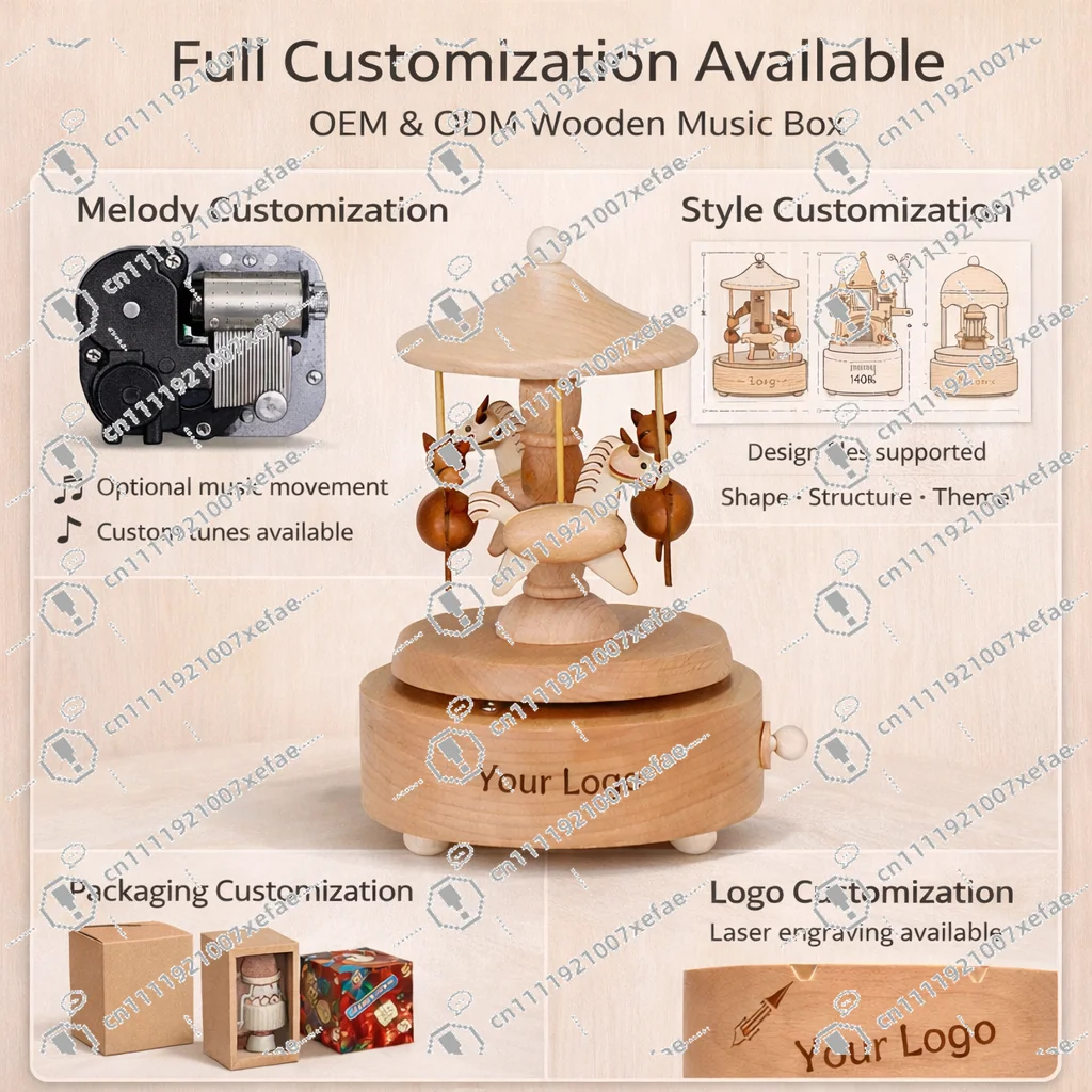 Logo Engraving Mechanical Clockwork Spinning Turntable Ballerina Music Box Wooden Gift