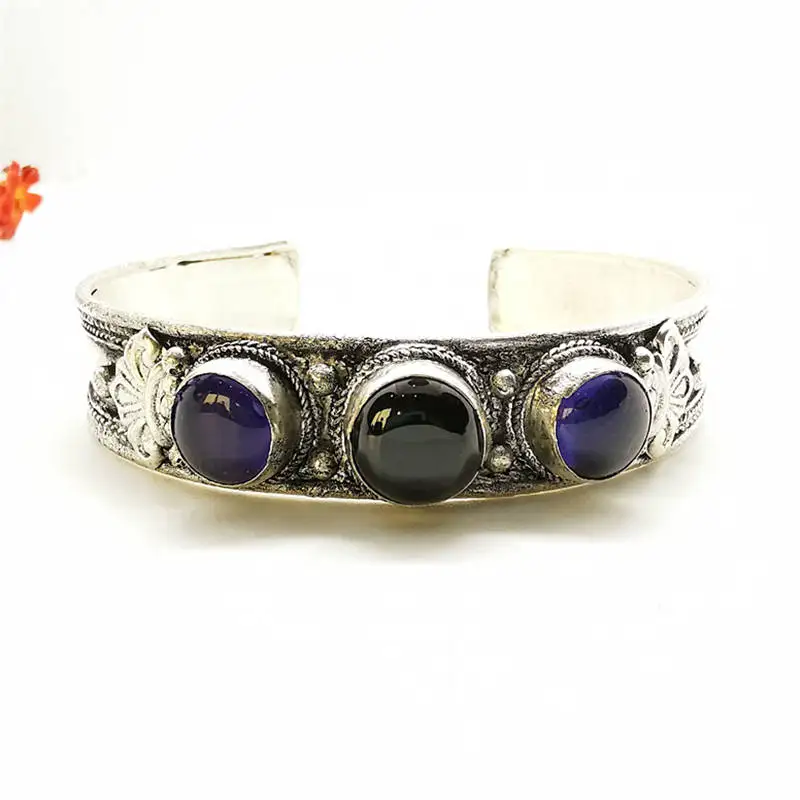 Tibetan inlaid Multi Stone Beads Open Cuff Bangles Black Agates Tiger Eye Labradorite Nepal Vintage Jewelry BB-116