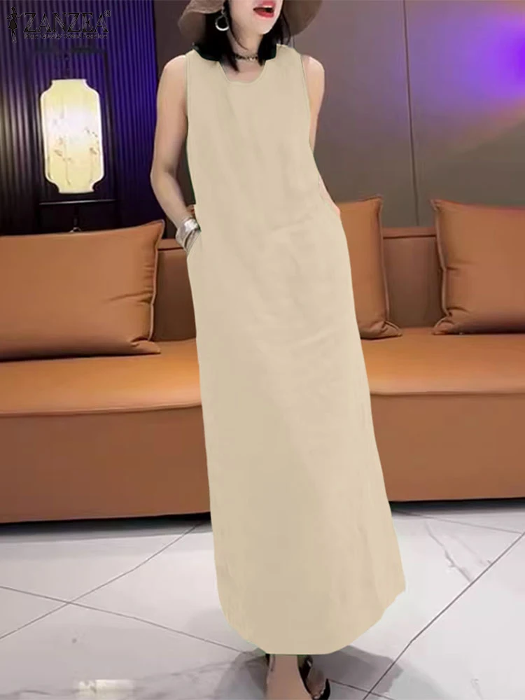 ZANZEA Moda Crossover Indietro Allentato Maxi Abiti Donna Estate Casual O-Collo Senza Maniche Carro Armato Vestaglie di Colore Solido Fessura Orlo Abiti