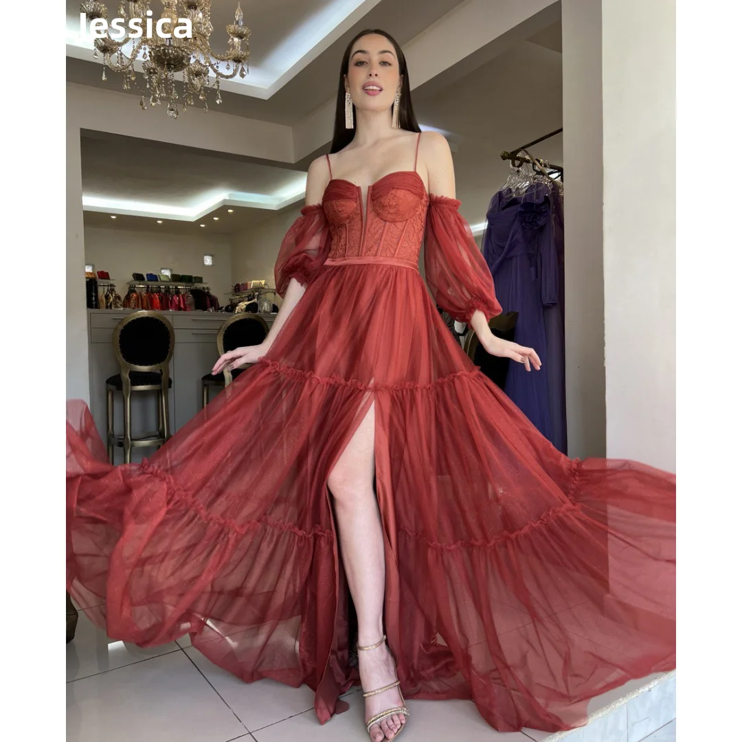 

Jessica Spaghetti Strap Puff Sleeves Prom Dresses Tulle Side Slits Evening Dresses Wedding Party Dress A-Shape Robes De Soirée