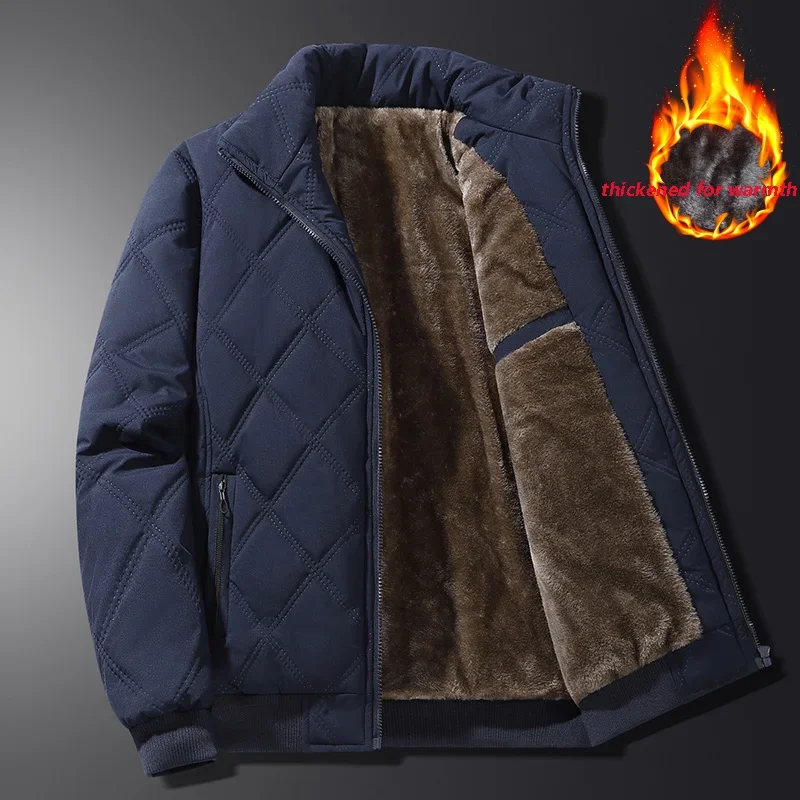 Men's Warm Parka Coat Autumn/Winter Outdoor Sports Parkas Thick Anti Cold Fleece Lined Jacket Men Stand up Collar Checkered Coat