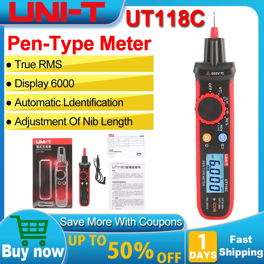 

UNI-T UT118C Pen Type Multimeter Digital 6000 Counts AC/DC Voltage Resistance Capacitance Frequency Diode EF NCV Multi Tester