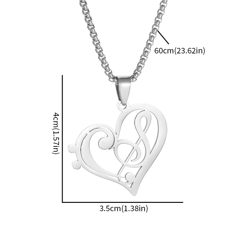 Stainless Steel Heart-Shaped Music Symbol Pendant Necklace for Men and Women Personalized Concert Party Jewelry Couple Gifts