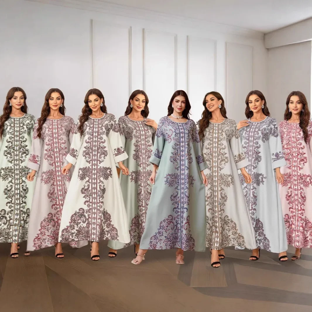 فستان قفطان نسائي مسلم عالي الكثافة مع أحجار الراين الإصلاحية وطباعة الشرق الأوسط عبر الحدود فستان طويل رداء #1