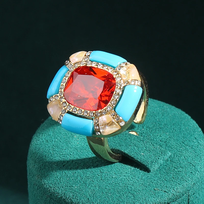 

Vintage Red Crystal Rings Square Blue Enamel For Woman Luxury Quality Jewelry Trends 2025 Valentine Day Gift Accessories