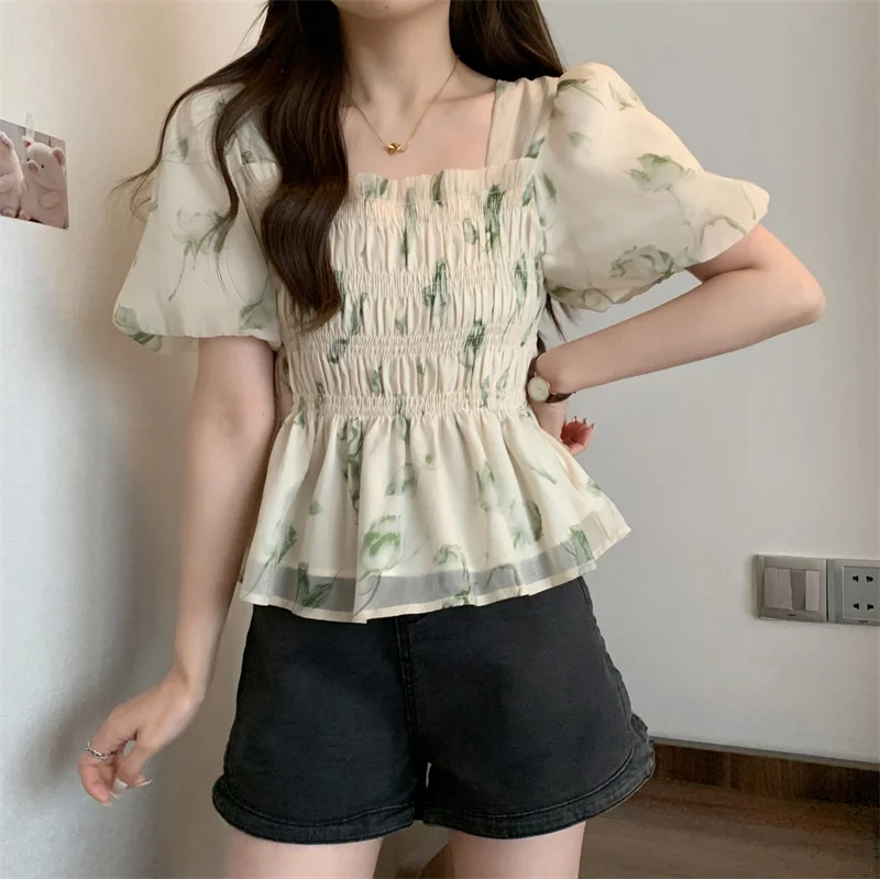 ฤดูร้อนภาษาฝรั่งเศสคําสแควร์คอเสื้อชีฟองแขนฟองดอกไม้พิมพ์เสื้อ Slim หวาน Ruffles Lace Up ผู้หญิงเสื้อ