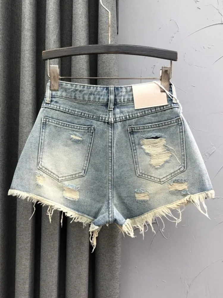 Fashion Women Summer High Waist Denim Shorts Spliced Hole Ripped Tassel Distressed Streetwear Ladies Casual Wide Leg Mini Jeans