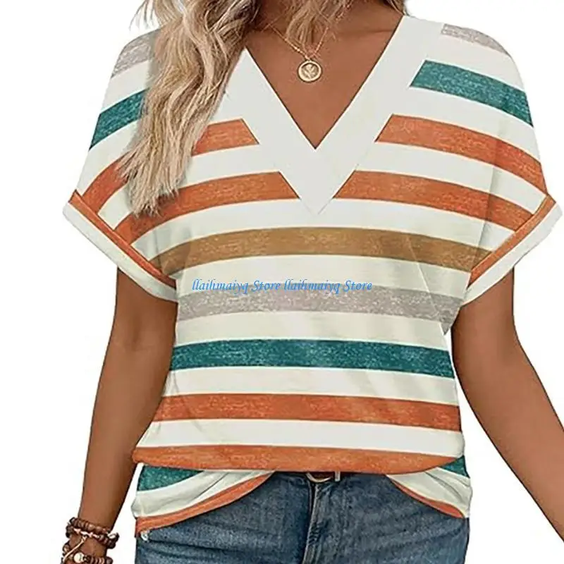 

573B Elegant Women's Short Sleeve V Neck Top Dolman Sleeve Casual Loose Fit T-Shirt Blouse for Summer Casual or Work Outfit