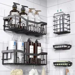 Free Mounted bathroom storage rack Kitchen Organizer Shelf Black Shelves Corner Frame Iron Shower Punch  Caddy Rack