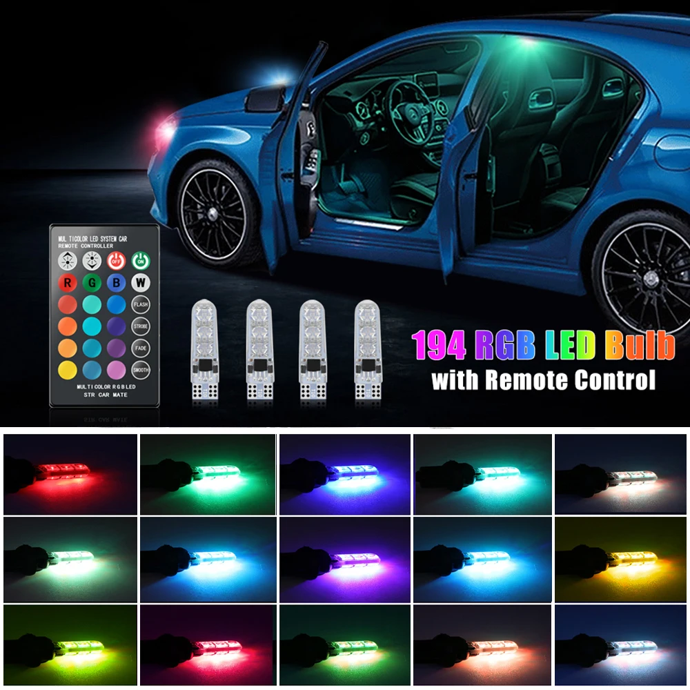 

Универсальная искусственная лампа T10 RGB W5W 5050, автомобильная внутренняя лампа для чтения, боковая лампа с клиновидным цоколем 12 В, лампа RGB с дистанционным управлением