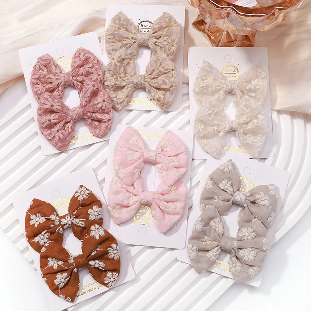 2Pcs/set Bows Hairclip for Girls Embroidery Printing Hairpin Solid Color Bowknot Clips Handmade Barrettes Kids Hair Accessories