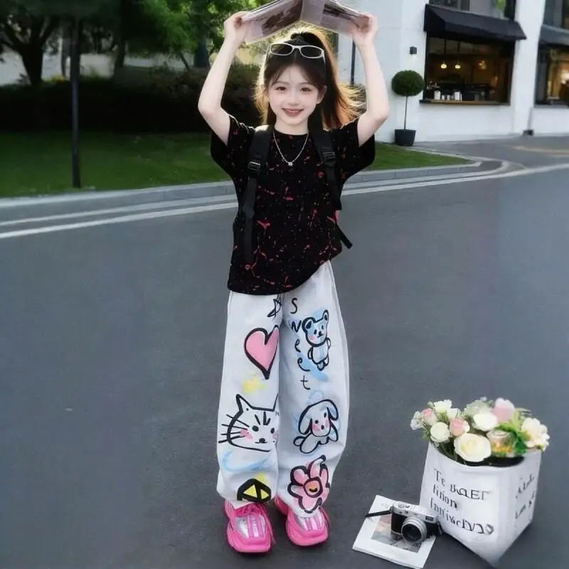 Girls Summer 2026 New Trendy Kids Graffiti Jeans Two Piece Set Short Sleeve T-Shirt Outfit for Toddler Girls Casual Clothing