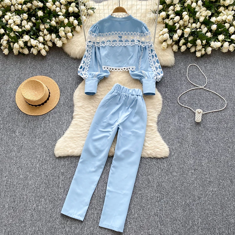 Autumn Two-piece Pants Set Women's Fashionable Hollow Lace Patchwork Lantern Sleeve Blouse High Waist Slimming Casual Pant