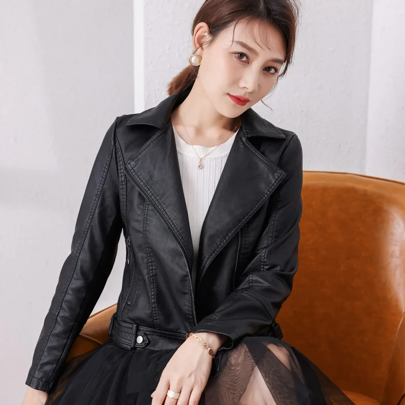 PU Slim Fashion Zipper Leather Coat Women's Black Button Leather Coat 2023 Autumn Winter Turn-down Collar Warm Leather Jacket