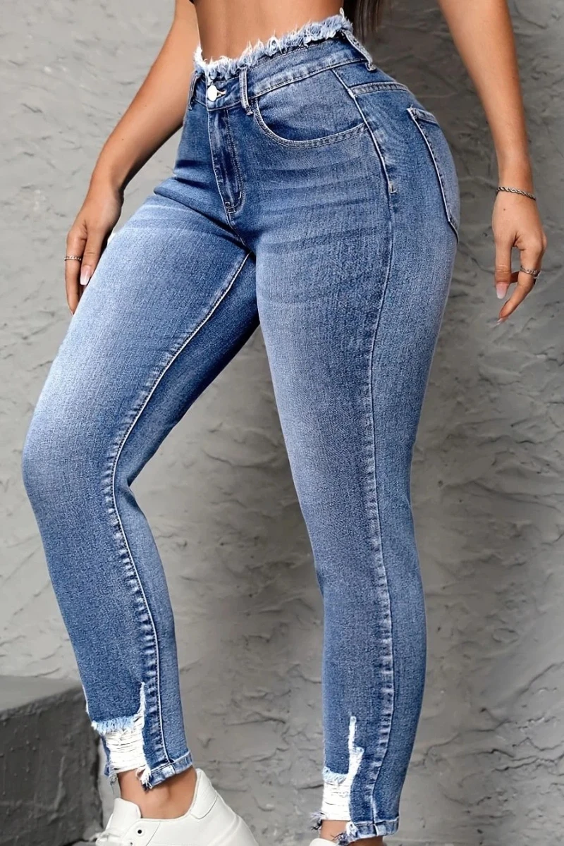Celana Jeans Y2k Wanita Vintage Distressed Ripped High Waist Skinny Stretch Denim Retro Street Fashion Trend
