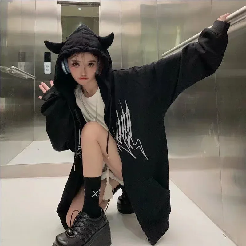 

Gothic Zipper Oversized Y2k Streetwear Tail Hoodies Women Black Detachable Tail Harajuku Devil Horn Sweatshirts Loose Casual Top