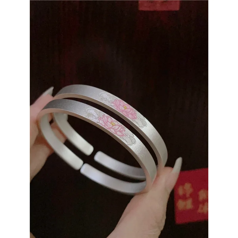 

S999 Ancient Enamel Bracelet Women Solid Open Silver Bangle Elegant Girlfriend