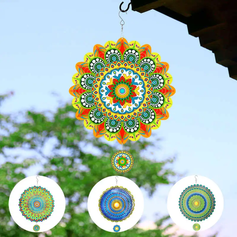 Wind Spinner Metal Kinetic Outdoor Yard Decor 3D Mandala Wind Chimes Sculptures Hanging for Garden Ornaments Suncatcher Gifts