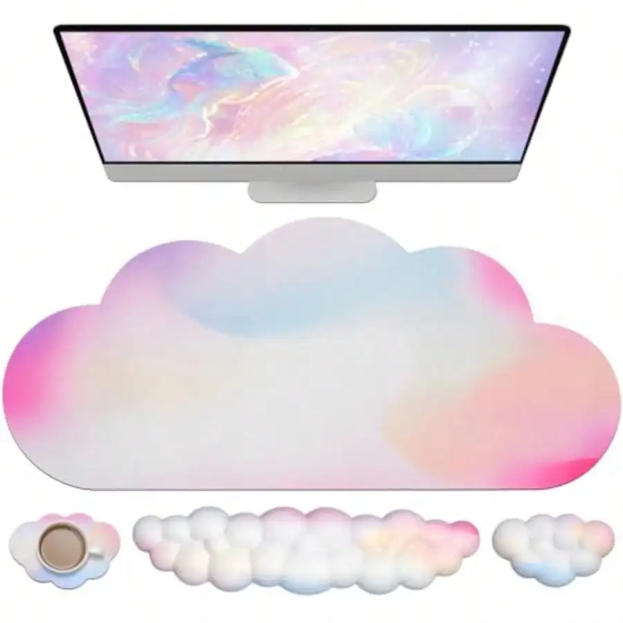 Large Cloud Mouse Pad Waterproof with Cloud Keyboard Wrist Pad and Cloud Mouse Wrist Pad Set Ergonomic Computer Desk Wrist Su