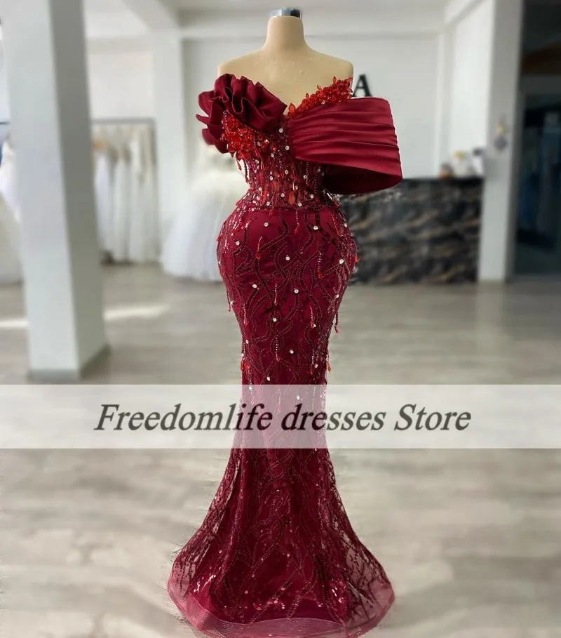 Burgundy Evening Dresses Women Luxury Beading Crystal Mermaid Wedding Party Dress Guests Arbaic Dubai Prom Gowns Customized