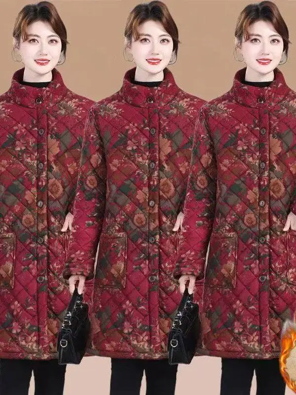

New Winter Thiened Fce Lined Mid-Length Cotton Jaet Warm Stand Collar Large Size Outerwear for Maturing Women
