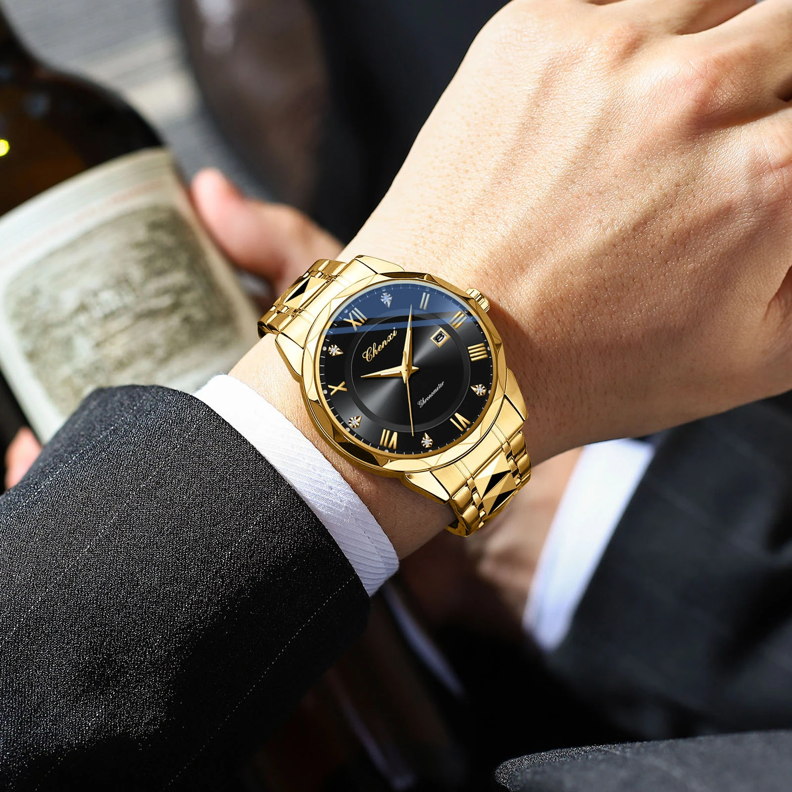 CHENXI 682 หรูหรานาฬิกากันน้ํา Night Light ปฏิทินนาฬิกาผู้ชายแถบเหล็กควอตซ์นาฬิกาสําหรับชาย Relogio Masculino นาฬิกา