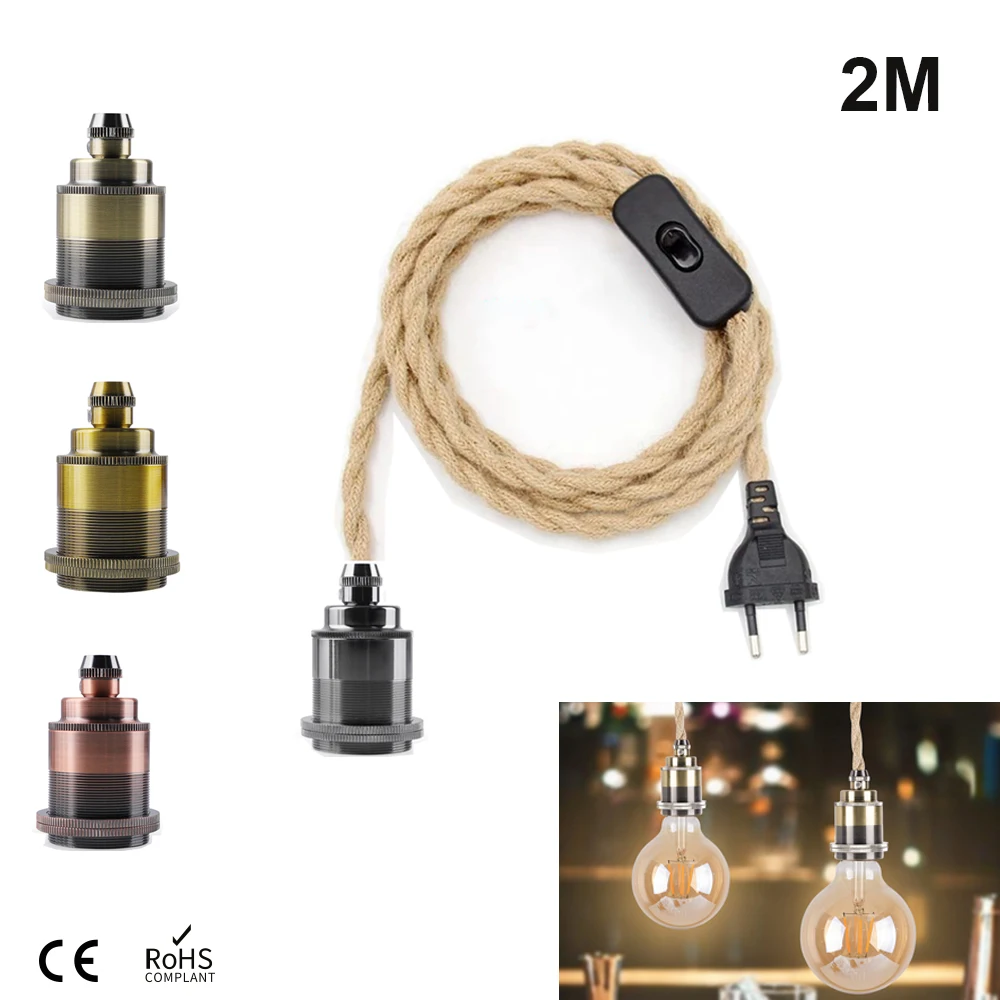 

Antique Hemp Rope 2 Meters Cable With EU Plug Switch Vintage E26 E27 Blub Lamp Holder For Wall Bracket Hanging Lamp Cord Kits