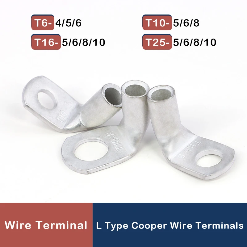 Wire Terminal L-type Right Angle 90 Degree Bend Nose T6/10/16/25-4/6/8/10 Tinned Copper Crimp Connector Cable Lugs